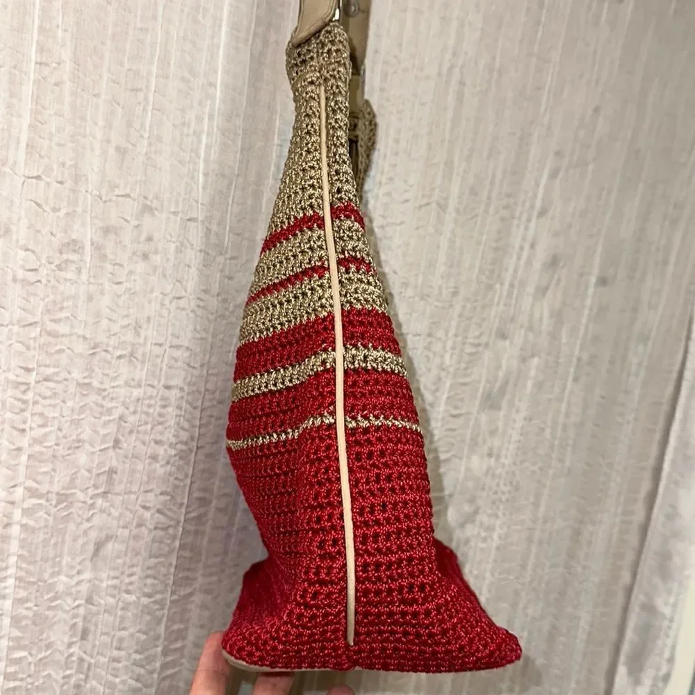 Red Tan Macrame Crochet Hobo Bag Purse